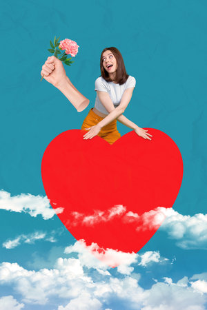 Vertical collage of astonished mini girl big red heart figure arm hold fresh flower clouds sky isolated on paper blue backgroundの写真素材