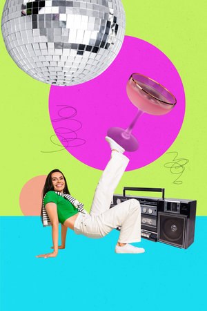 Vertical photo collage of happy girl dance retro disco ball occasion hold martini glass beverage boombox isolated on painted backgroundの写真素材