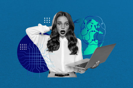 Composite photo collage of astonished girl freelancer hold laptop brain world artificial intelligence app isolated on painted backgroundの写真素材