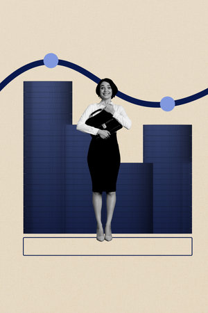 Vertical poster collage young businesswoman broker agent suitcase stack coins tokens crypto currency earnings trader strategyの写真素材