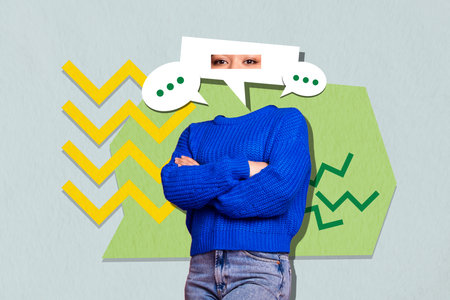 Composite photo collage of anonym girl crossed hands instead head bubble eyes cloud communication chat isolated on painted backgroundの写真素材
