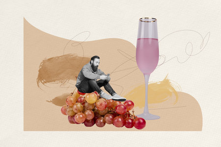 Composite photo collage of serious man hold phone grape fruit wine beverage harvest champagne glass party isolated on painted backgroundの写真素材