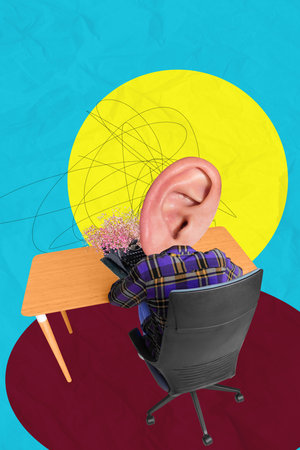 Template sketch image composite artwork collage of headless abstract young guy sit armchair table ear head listen typewriter machineの写真素材