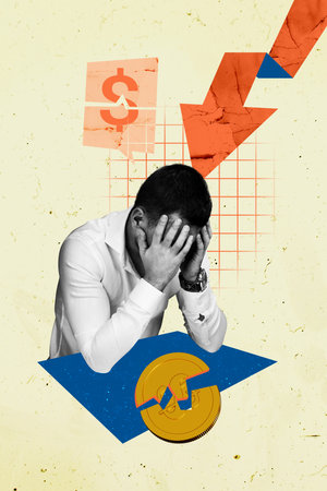 Trend artwork sketch design montage collage of depressed young guy businessman sit cover face arrow show direction down loss broken coinsの写真素材