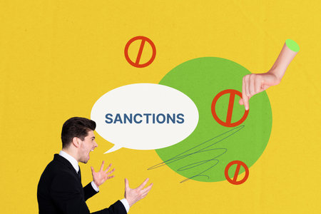 Composite photo collage of angry man wear formal suit taboo symbol prohibition problem russia state ban isolated on painted backgroundの写真素材