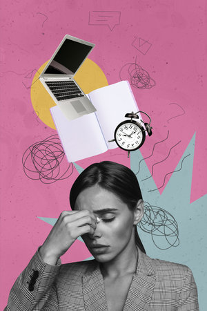 Creative artwork template sketch image 3D collage of overload burnout pressure young lady headache student clock deadline laptop copybookの写真素材