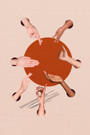 Vertical poster collage hands body fragments signs nonverbal language communication palm thumb fingers pointing showing drawing doodlesの写真素材