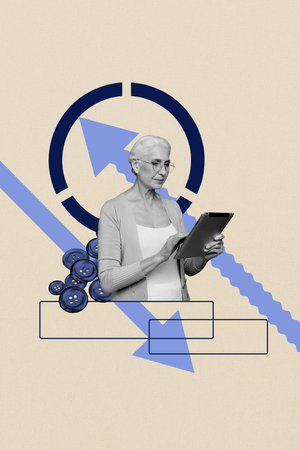 Vertical collage picture mature grandmother browsing tablet digital device strategy business plant internet online typing infographicの写真素材