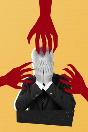 Vertical photo collage of anonym sad man hold hands hide face monster hands bullying pressure abuse isolated on painted backgroundの写真素材