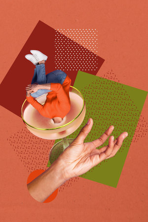 Composite artwork 3D photo collage trend template of headless anonym man jump glass drink party carefree alcohol huge hand gesture showの写真素材