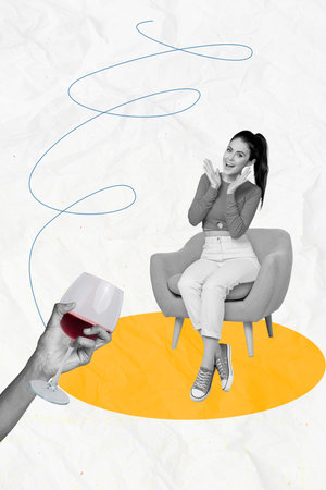 Composite collage image of excited female sitting armchair hold wine glass alcohol drinking date billboard template metaphorの写真素材