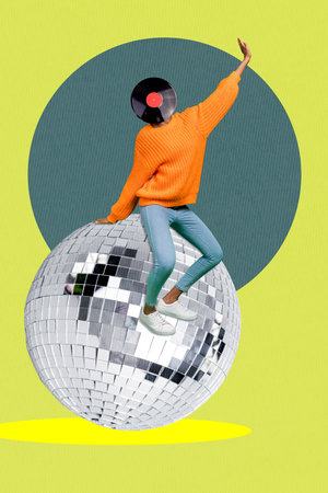Vertical creative collage image of dancing vinyl record instead head disco ball discotheque party dance weird freak bizarre unusualの写真素材