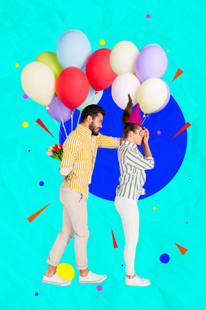 Vertical photo collage of happy guy close eyes birthday girl tulips bouquet present air balloon confetti isolated on painted backgroundの写真素材