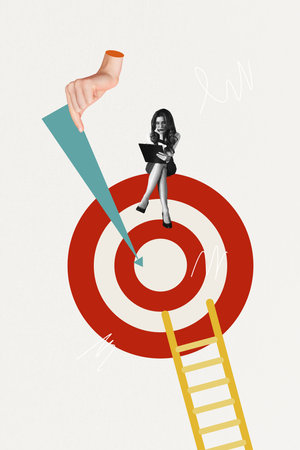 Vertical photo collage of minded girl sit target ladder target goal look clipboard hand hold arrow success isolated on painted backgroundの写真素材