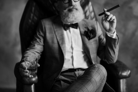 Cropped close up photo of serious confident stylish trendy classy chic elegant professional groomed...