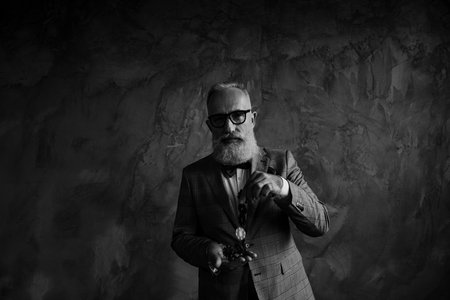 Venturesome, gambling, thoughtful, brutal, old millionaire in glasses hold, show, play with casino chips, ready for poker, standing over gray background, fun, leisure, winner, winの写真素材