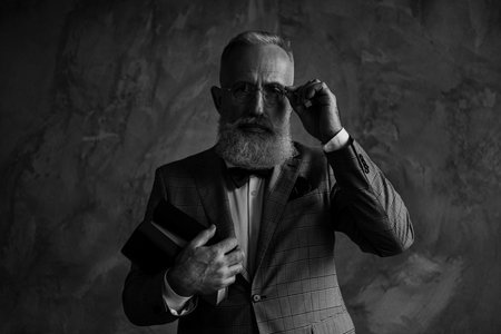 Attractive, serious millionaire in jacket, holding three books, eyelet of glasses with fingers, with...