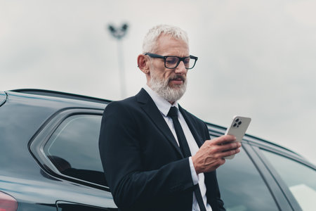 Senior businessman checking his smartphone near a car on a city street minimalistic background