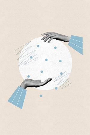 Vertical collage picture of two black white colors arms throw catch falling snow isolated on creative beige backgroundの写真素材