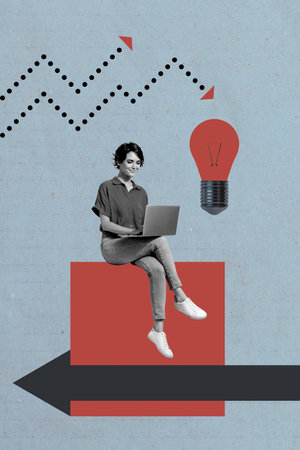 Vertical photo collage of happy girl freelancer type laptop arrow development light bulb finding idea plan isolated on painted backgroundの写真素材