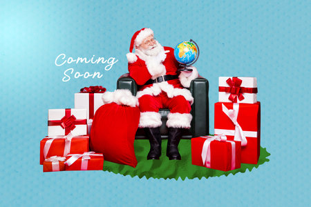 Composite photo collage of happy man santa claus sit chair point globe present pile bag new year delivery isolated on painted backgroundの写真素材