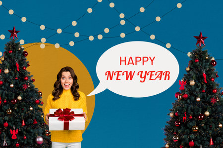 Sketch image trend artwork montage 3D photo collage of december spirit speech cloud happy new year banner young lady hold present eve treeの写真素材