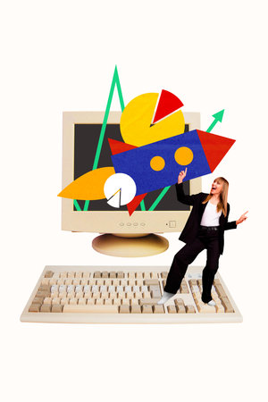 Vertical photo collage of happy businesswoman dance arrow rocket growth launch pc monitor keypad progress isolated on painted backgroundの写真素材