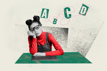 Composite trend artwork 3D sketch image photo collage of young lady sit bored relax eyewear student slipless education tired overloadedの写真素材