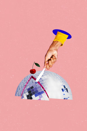Composite trend artwork sketch image collage of carefree discotheque hand hold knife take piece cake discoball dance funky nightclub cookの写真素材