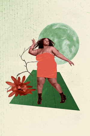 Composite trend artwork sketch image collage of sky midnight nighttime flower nature young lady model wear dress plus size dance carefreeの写真素材