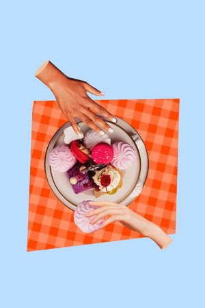 Trend artwork composite 3D photo collage design of hand appear hold food tasty sweet delicious hungry dinner date couple picnicの写真素材