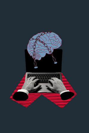 Vertical photo collage of hands type laptop device brain trap artificial intelligence app research...