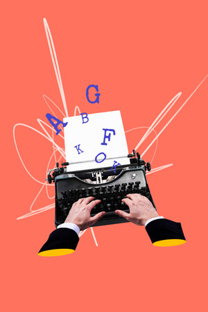 Composite trend artwork sketch image photo collage of caricature young man headless stand author huge letters write alphabet journalistの写真素材