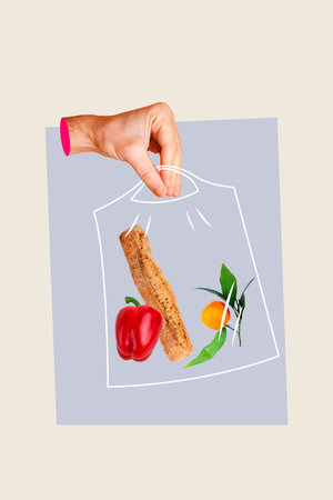 Sketch image artwork composite 3D photo collage of incognito hand hold bag buyer orange bread bakery...