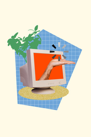 Composite trend artwork sketch image collage of computer monitor obsolete technology display hand appear hold loading circle icon officeの写真素材