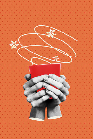 Creative design composite trend artwork collage of incognito human hands hold hot beverage up drink smell aroma winter weather snowflakesの写真素材