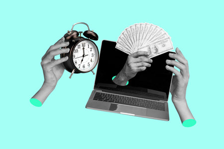 Composite photo collage of hands hold dollar income alarm bell deadline laptop freelancer success...