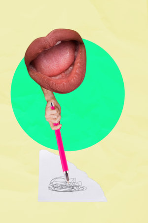 Composite 3D collage trend artwork template design of abstract surreal huge mouth lips makeup hand appear hold hand rite line sheet authorの写真素材