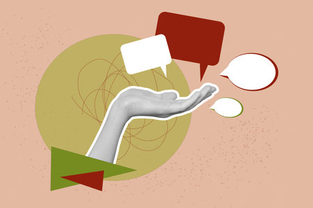 Composite photo collage of hands show bubble communication speech bubble talk colorful mind phrase isolated on painted backgroundの写真素材