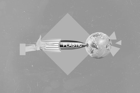 Creative collage picture of human arm fingers pistol gun gesture shoot plastic bullet planet earth globe isolated on drawing backgroundの写真素材