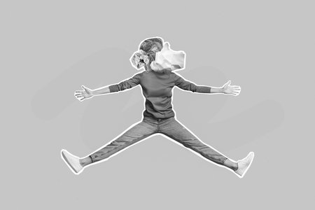 Collage photo of young funky jumping air trampoline headless person trash pollution man wear casual outfit isolated on yellow color backgroundの写真素材