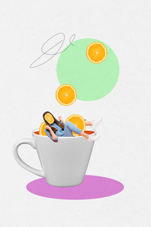 Vertical photo collage of anonym girl sit juice cup instead face orange mask fresh beverage tea bliss isolated on painted backgroundの写真素材