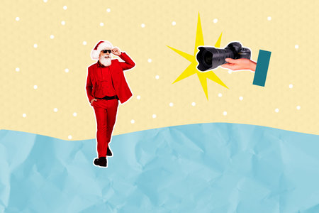 Composite art 3d creative image collage of happy old santa claus celebrity walk winter park snowfall hands hold camera shootingの写真素材