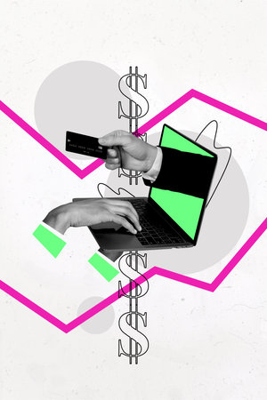 Creative abstract template collage of eshopping netbook credit card earning money bizarre unusual fantasy billboard comicsの写真素材