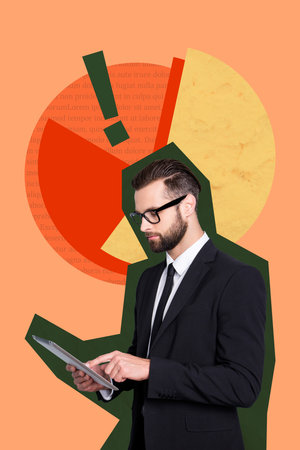 Vertical photo collage of serious businessman surf tablet exclamation mark diagram development alert isolated on painted backgroundの写真素材