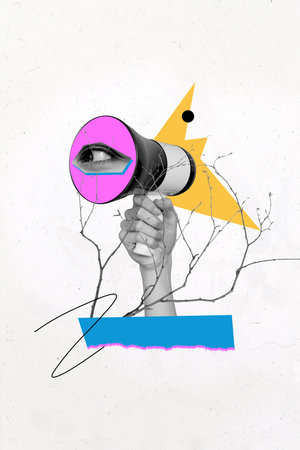Vertical poster collage hand body fragment hold loudspeaker bullhorn announce speech information eye cutout silhouette drawing backgroundの写真素材