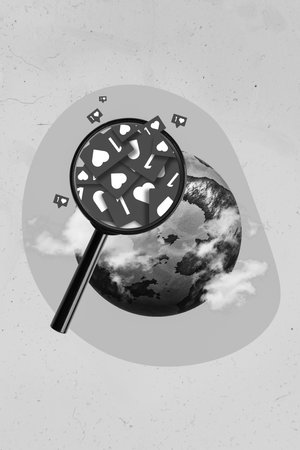 Vertical collage image of magnifier lens enlarge like notification planet earth globe isolated on creative backgroundの写真素材