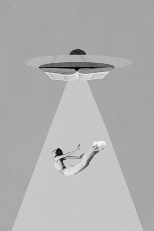 Collage 3d image of pinup pop retro sketch of aliens book catching slim lady isolated painting backgroundの写真素材