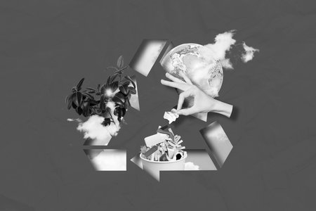 Collage photo concept of ecology problems theme hand throwing garbage plastic trash recycle reuse symbol resources isolated on green backgroundの写真素材