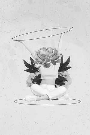 Photo collage cartoon comics sketch picture of lady pink flower instead of head rising arms making vase isolated drawing backgroundの写真素材